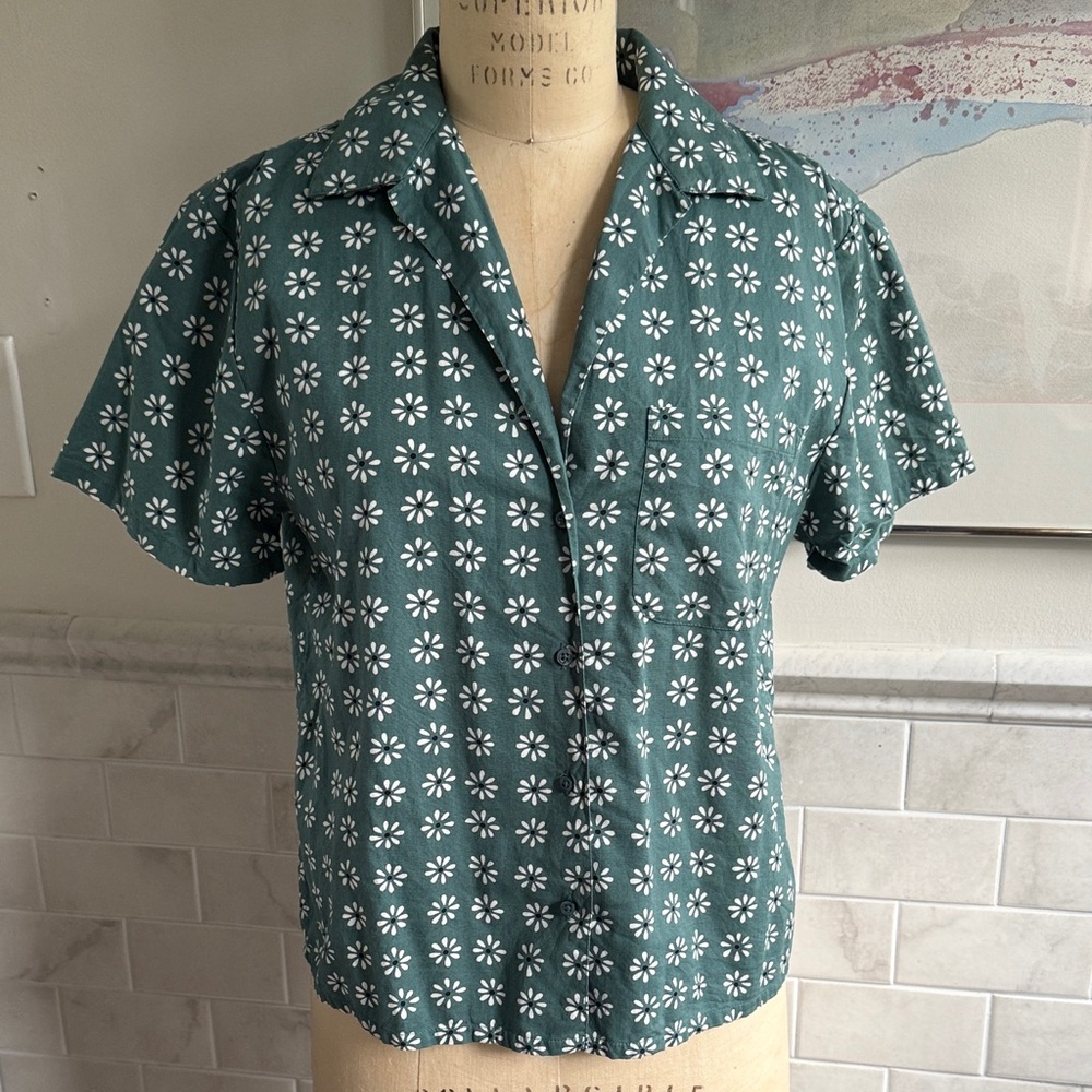 THE GREAT. Green Floral Button Down Shirt